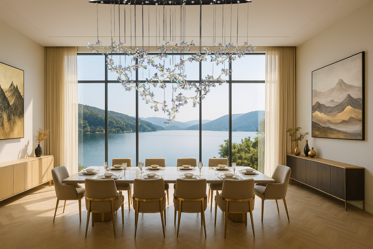 Modern dining room with a large window view of a lake and mountains.