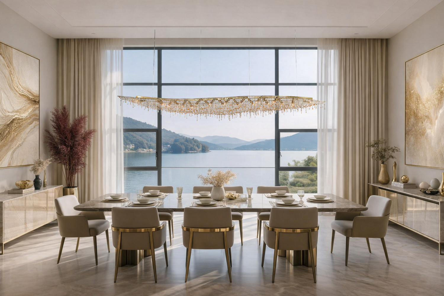 Luxury dining room with gold chandelier, marble table, and panoramic lake view – HDLS Lighting Ltd