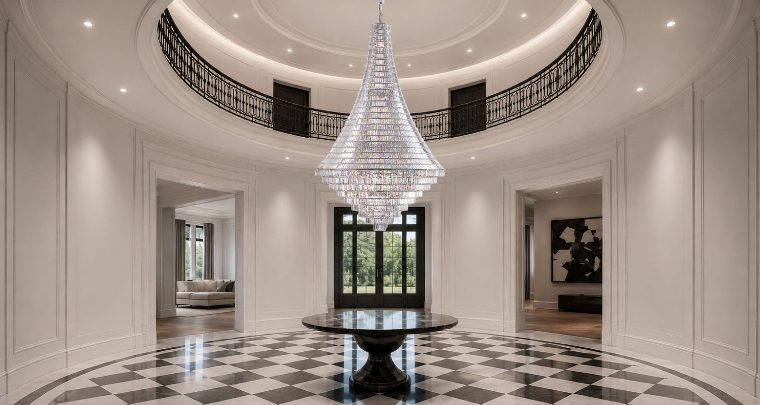 Bel Air grand-scale crystal chandelier in a luxury double-height foyer with curved balcony and checkerboard floor.
