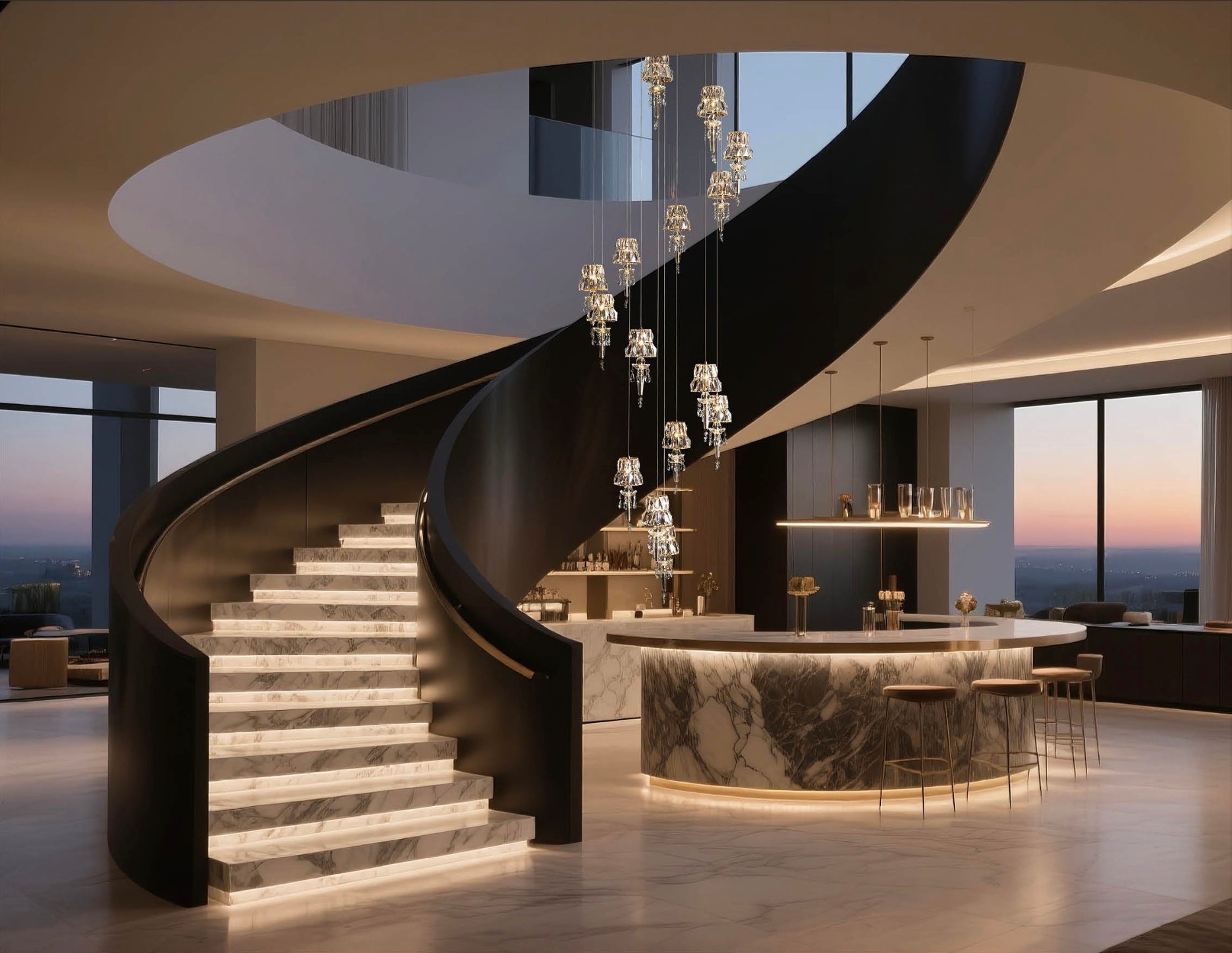Elegant modern interior with a sweeping marble spiral staircase and cascading HDLS crystal pendant lighting, illuminated at sunset.