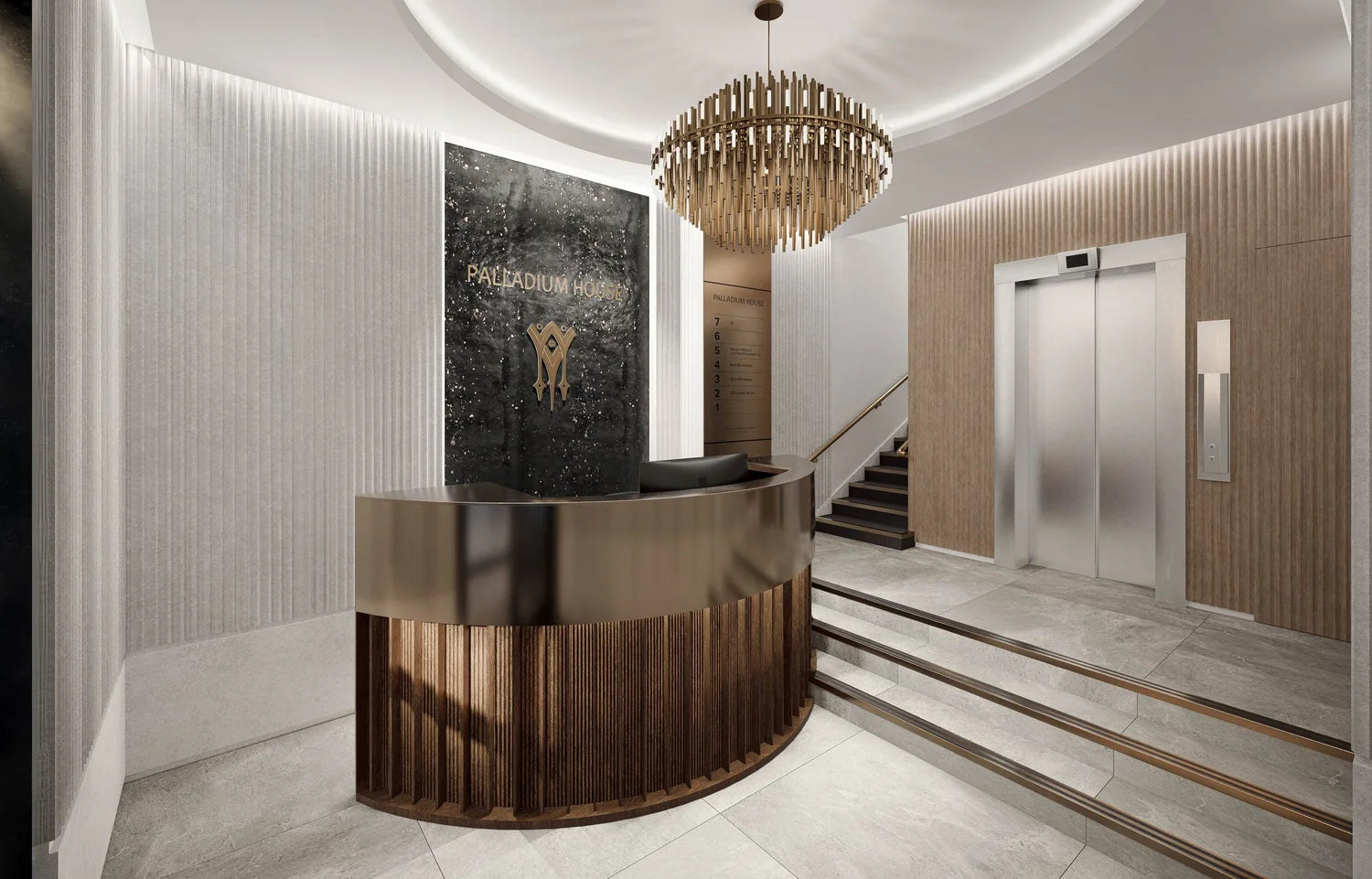 Metallic Harmony chandelier by HDLS Lighting Ltd installed in the reception at Palladium House, London.