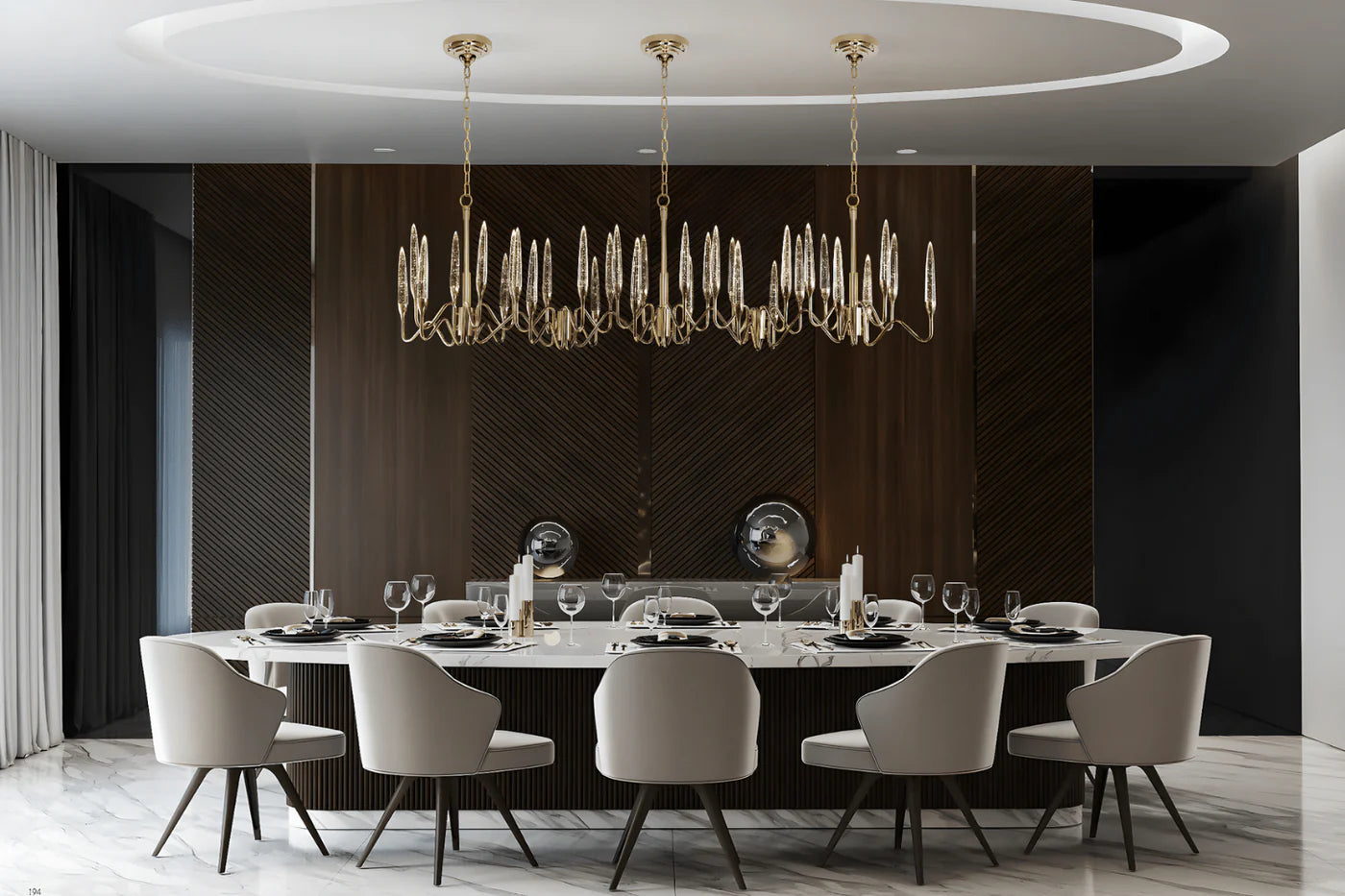 Luxury Luce di Roma Vesta chandelier illuminating a modern dining room in a high-end American home
