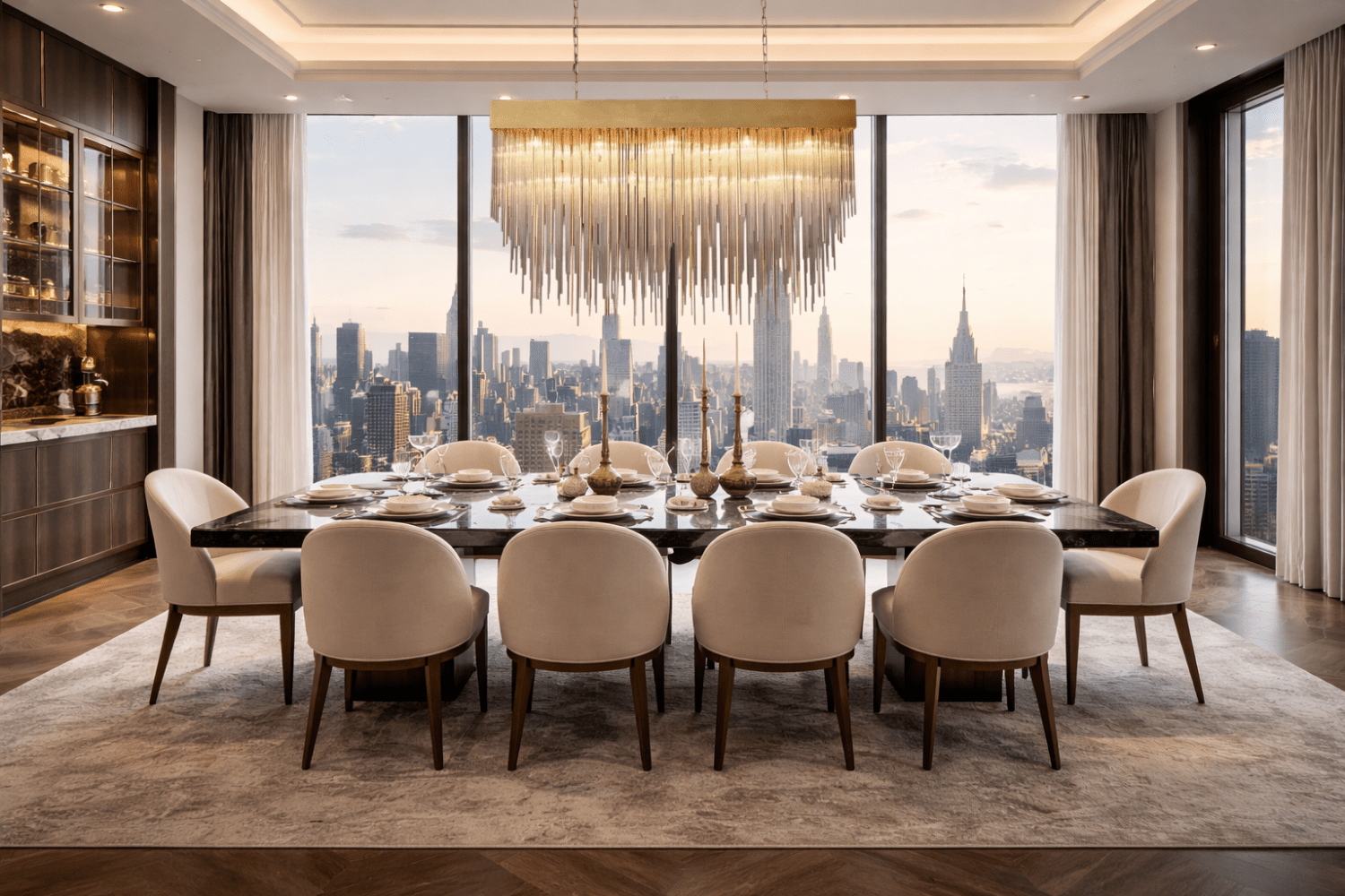 Petra rectangular chandelier installed above dining table, anchoring a contemporary interior with architectural light.