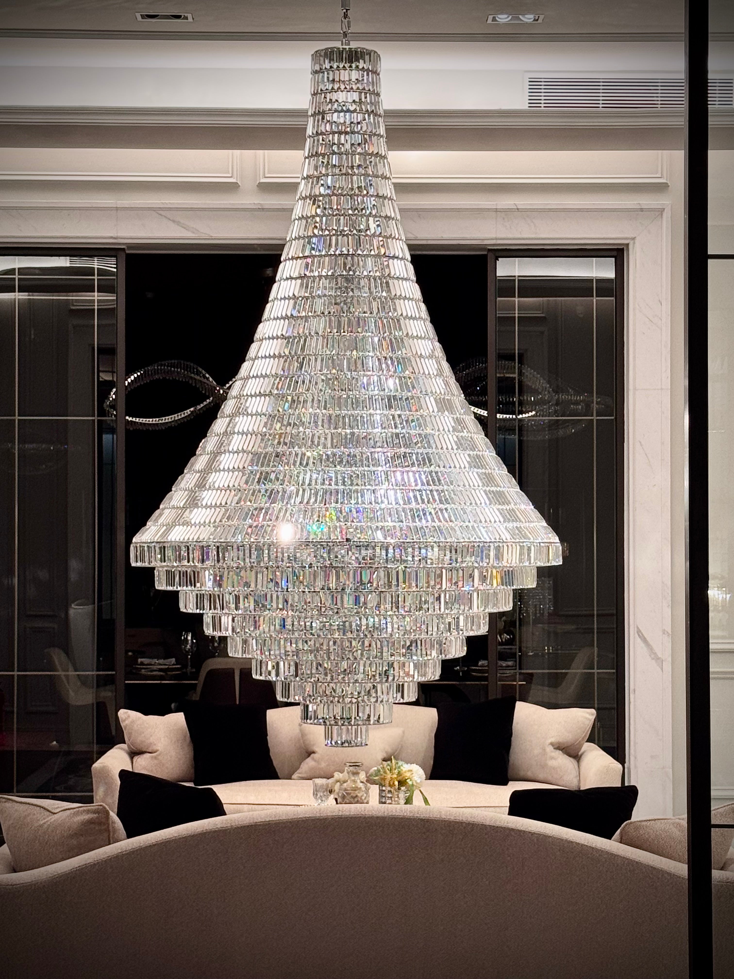 Bel Air monumental Asfour crystal chandelier gallery video showing tiered crystal detail and brilliant light refraction.