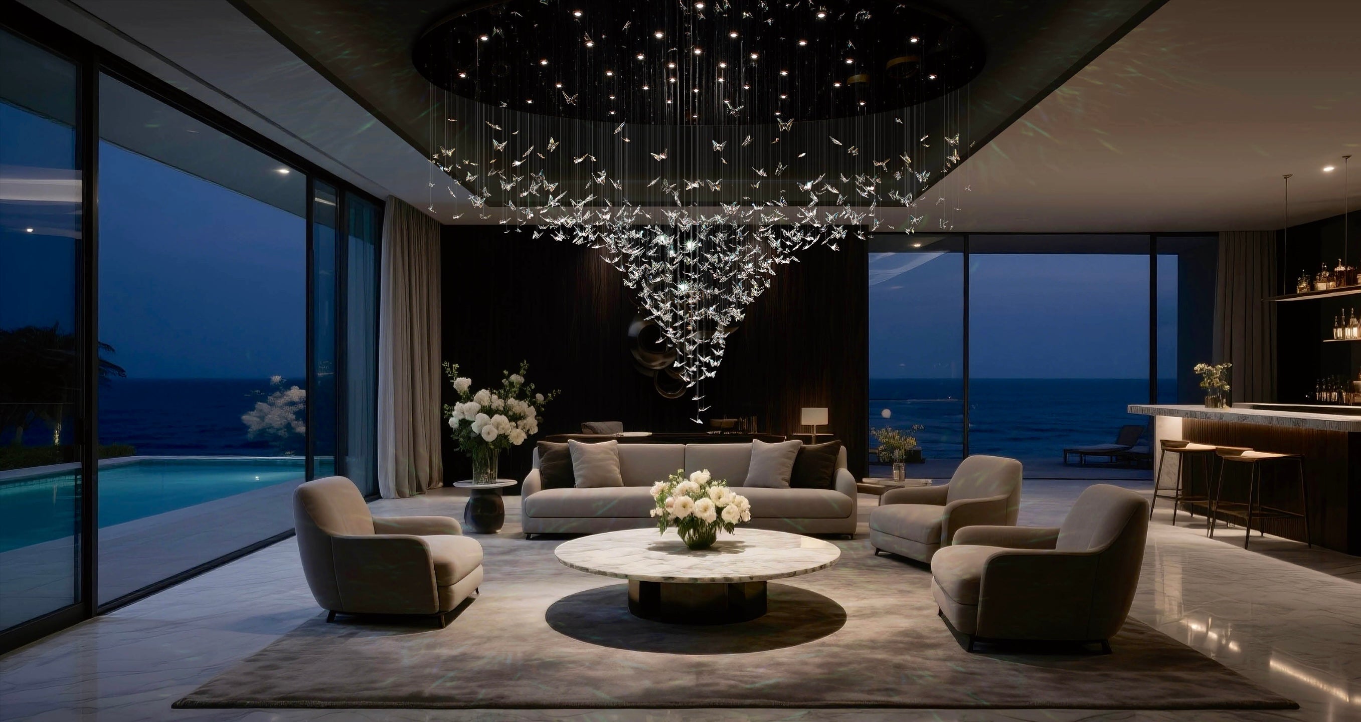Luxury living room featuring Swarovski butterfly chandelier by HDLS Lighting Ltd with ocean view and contemporary interior design.