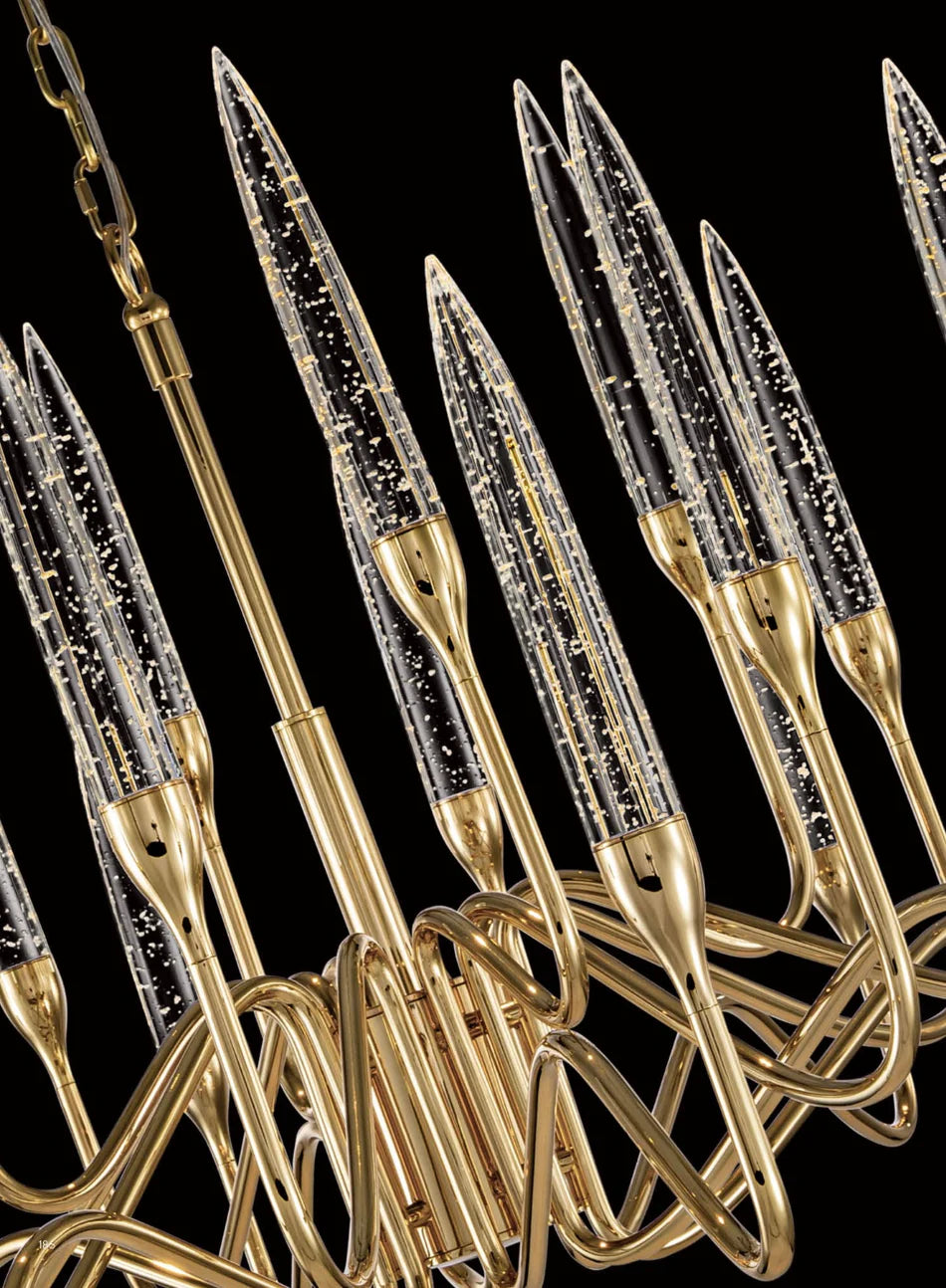 18K gold-plated copper chandelier frame showing structural lighting craftsmanship and polished finish