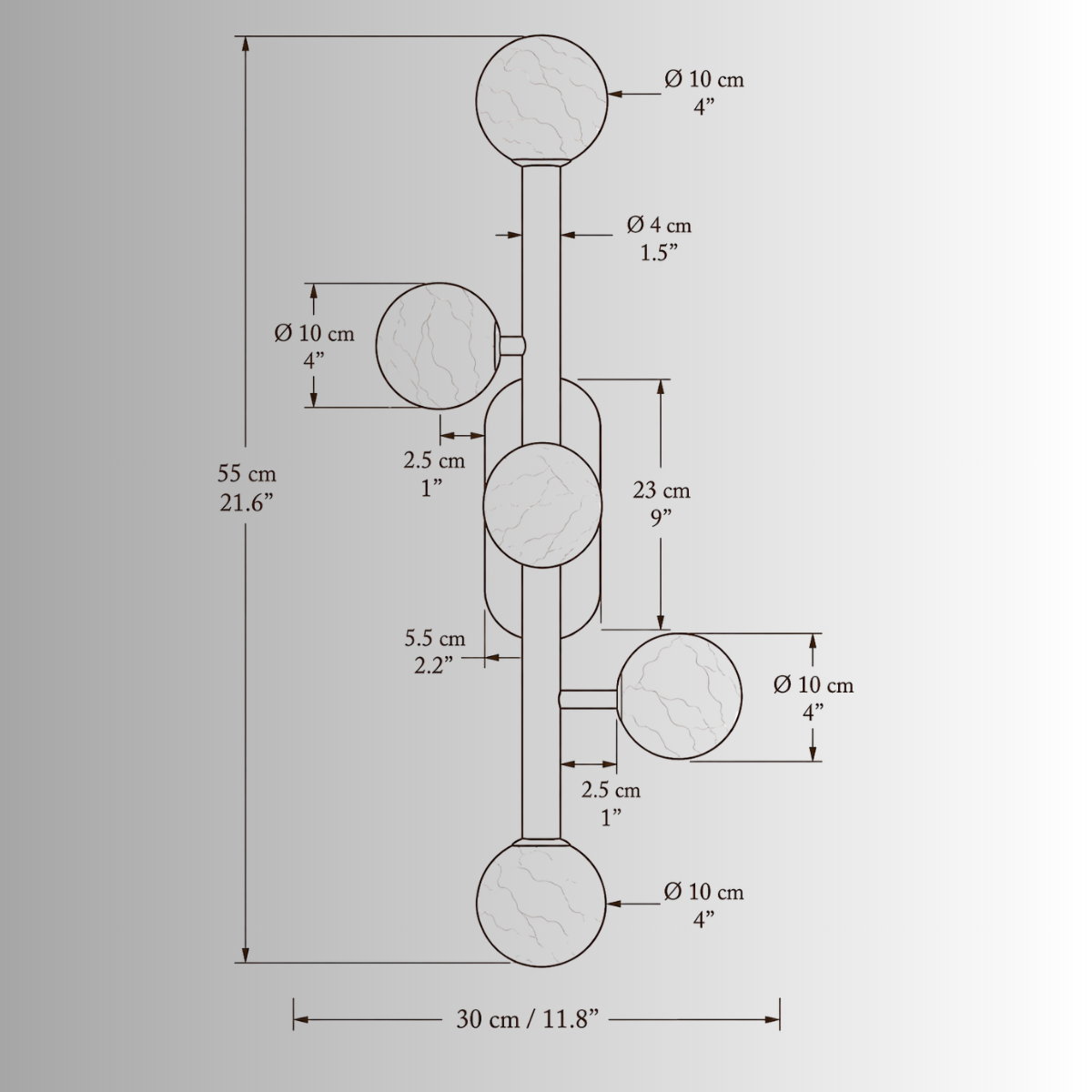 Alabaster Alba wall light CAD drawing with dimensions, front elevation and five Spanish alabaster spheres