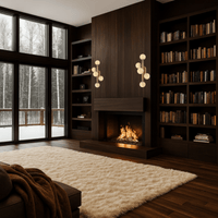 Pair of Alabaster Alba wall lamps styling a warm living room with dark wood and fireplace.