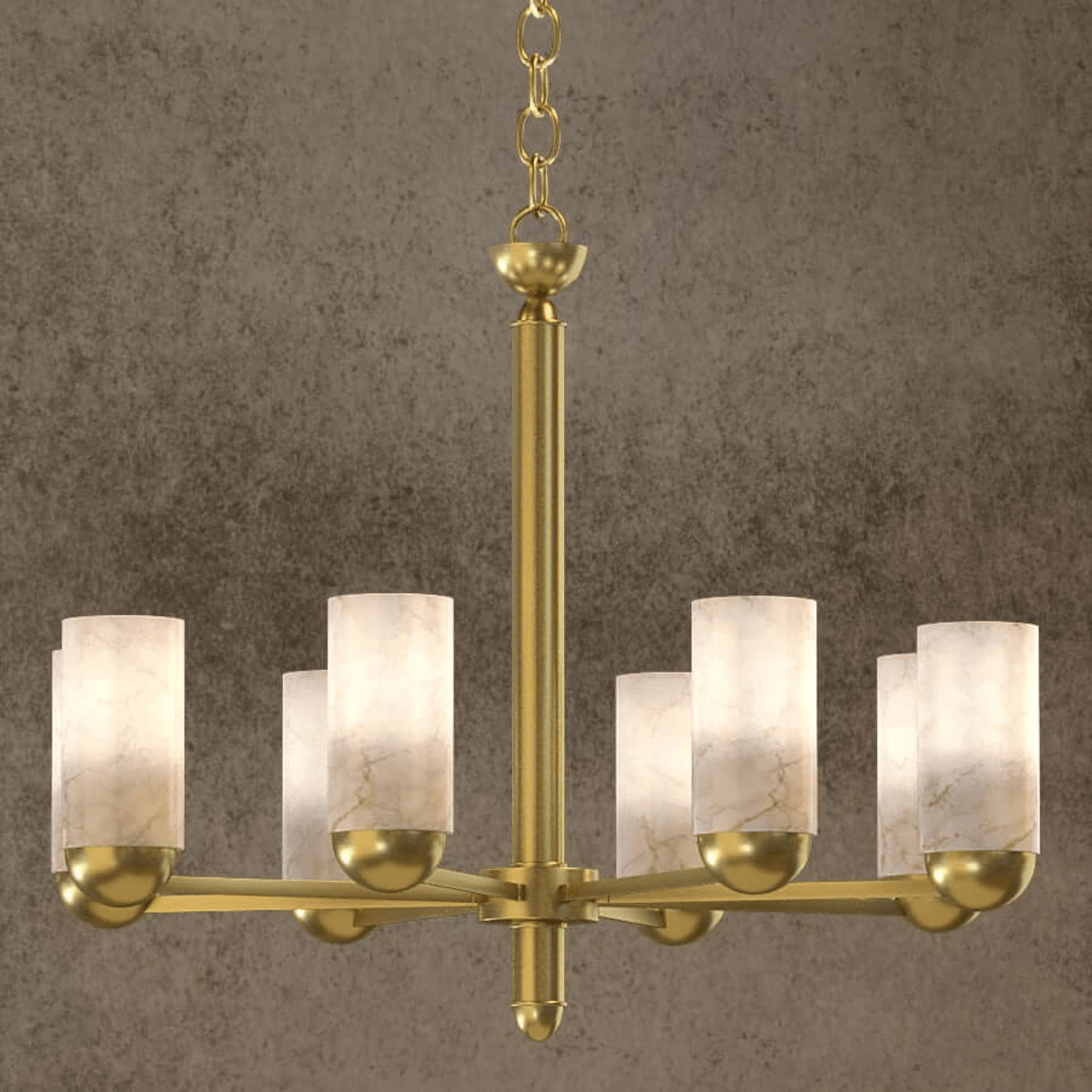 Single-tier alabaster chandelier with hand-carved shades and copper frame