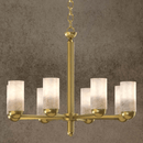 Single-tier alabaster chandelier with hand-carved shades and copper frame