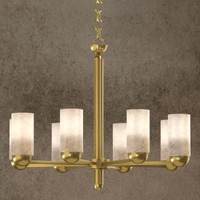 Single-tier alabaster chandelier with hand-carved shades and copper frame