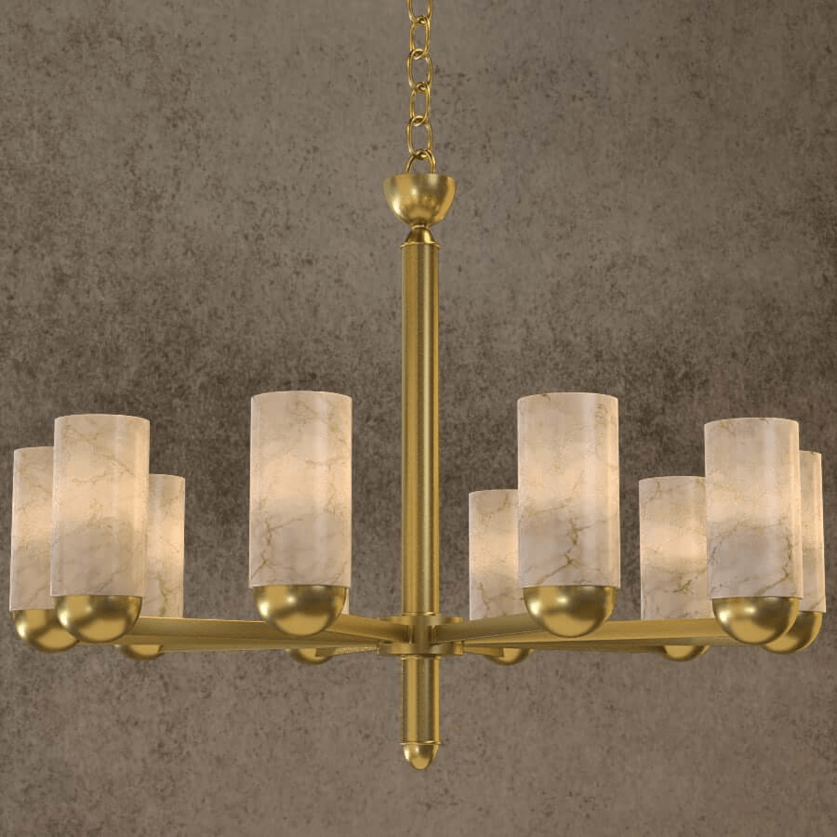 Single-tier alabaster chandelier with cylindrical stone shades and gold finish