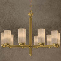 Single-tier alabaster chandelier with cylindrical stone shades and gold finish