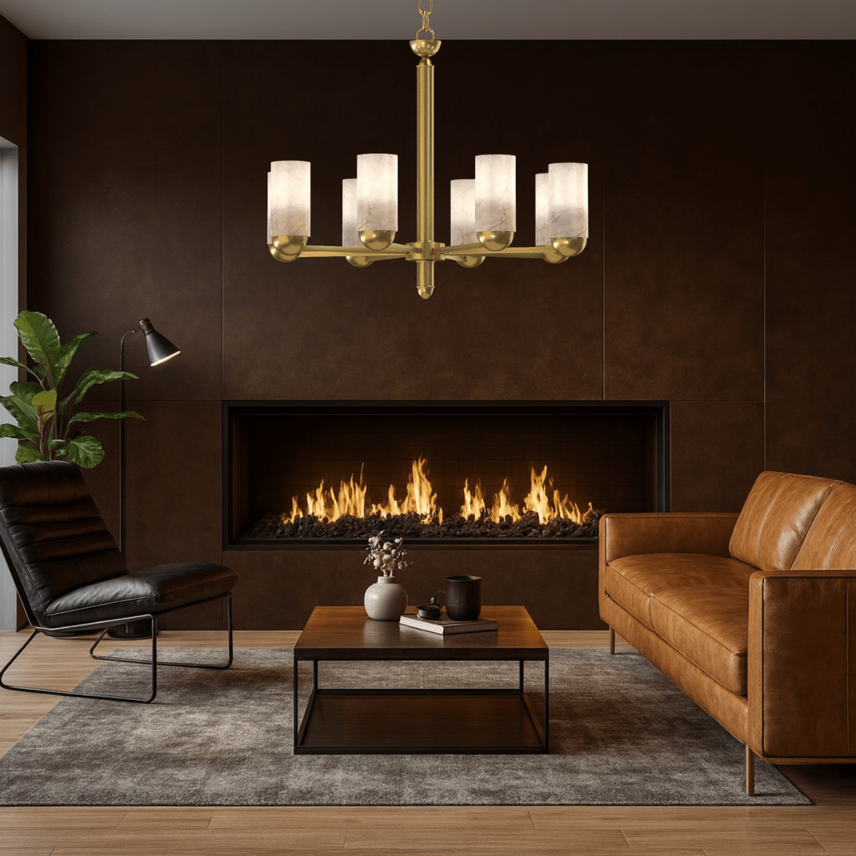 Medium alabaster chandelier illuminating a warm contemporary living space