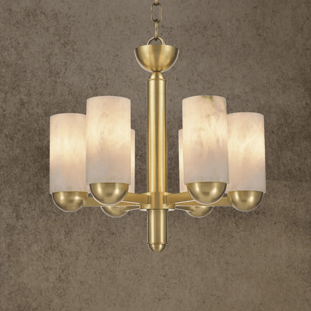 Close-up of hand-carved Spanish alabaster cylinder shades on the Alabaster Anima chandelier