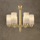 Close-up of hand-carved Spanish alabaster cylinder shades on the Alabaster Anima chandelier