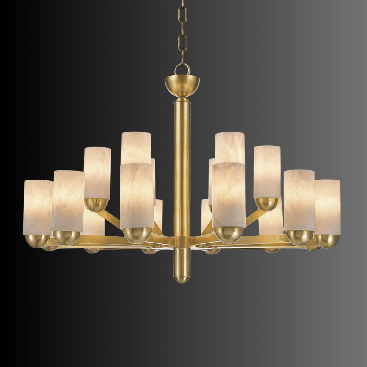 Side view of handcrafted double-tier alabaster chandelier with gold frame