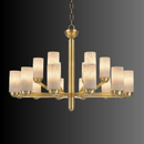 Side view of handcrafted double-tier alabaster chandelier with gold frame