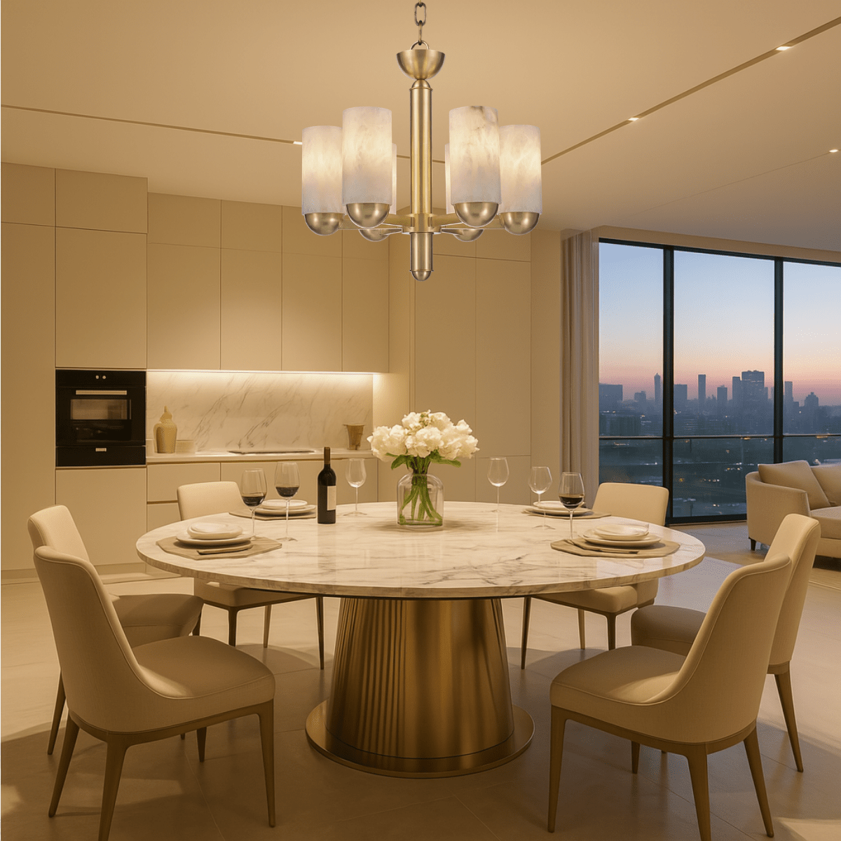 Alabaster Anima chandelier illuminating a luxury dining room with alabaster shades and brass body