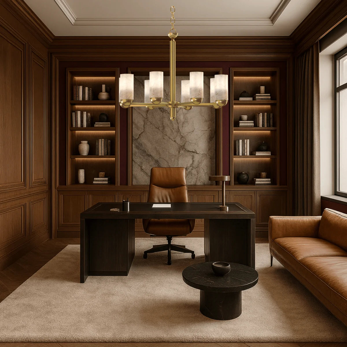 Elegant home office interior featuring the Alabaster Anima chandelier by HDLS Lighting Ltd, blending alabaster stone and brushed brass to create a warm, sophisticated workspace ambience.
