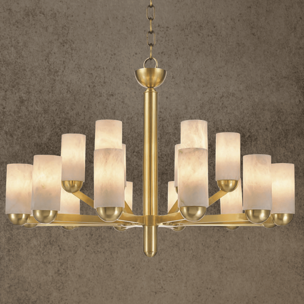 Double tier alabaster chandelier with warm stone glow for luxury interiors
