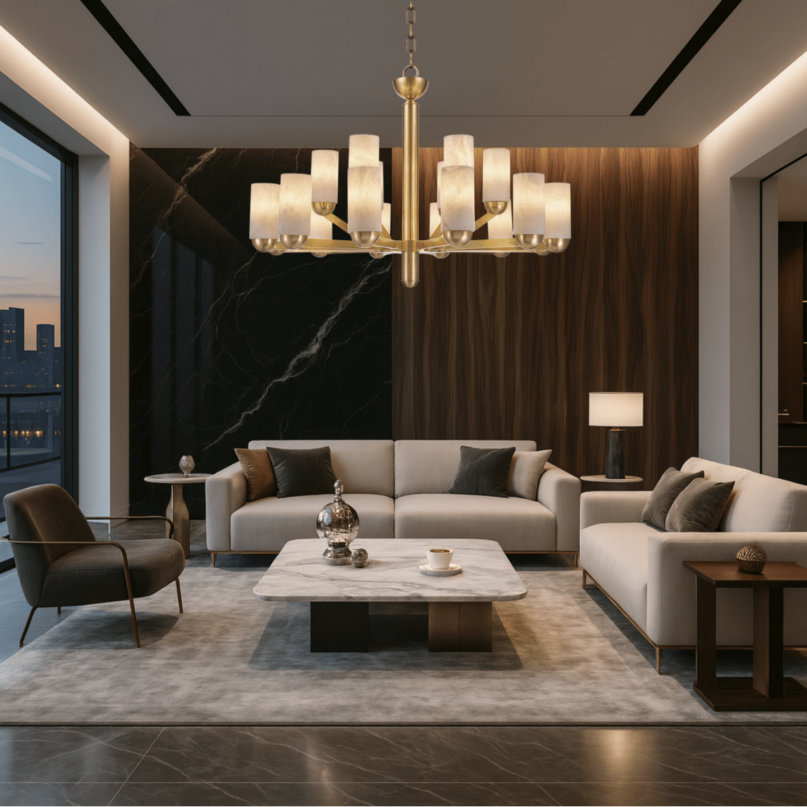Large alabaster chandelier illuminating a modern luxury living room interior