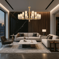 Large alabaster chandelier illuminating a modern luxury living room interior