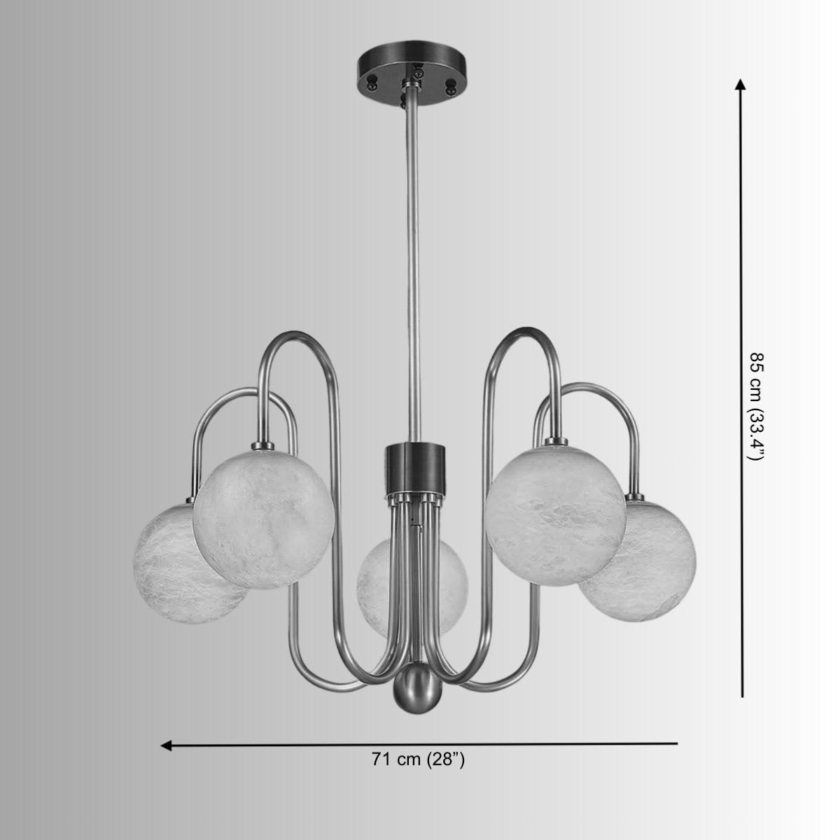 Alabaster chandelier 71cm (28") wide and 85cm (33.4") high with hand-carved alabaster spheres.
