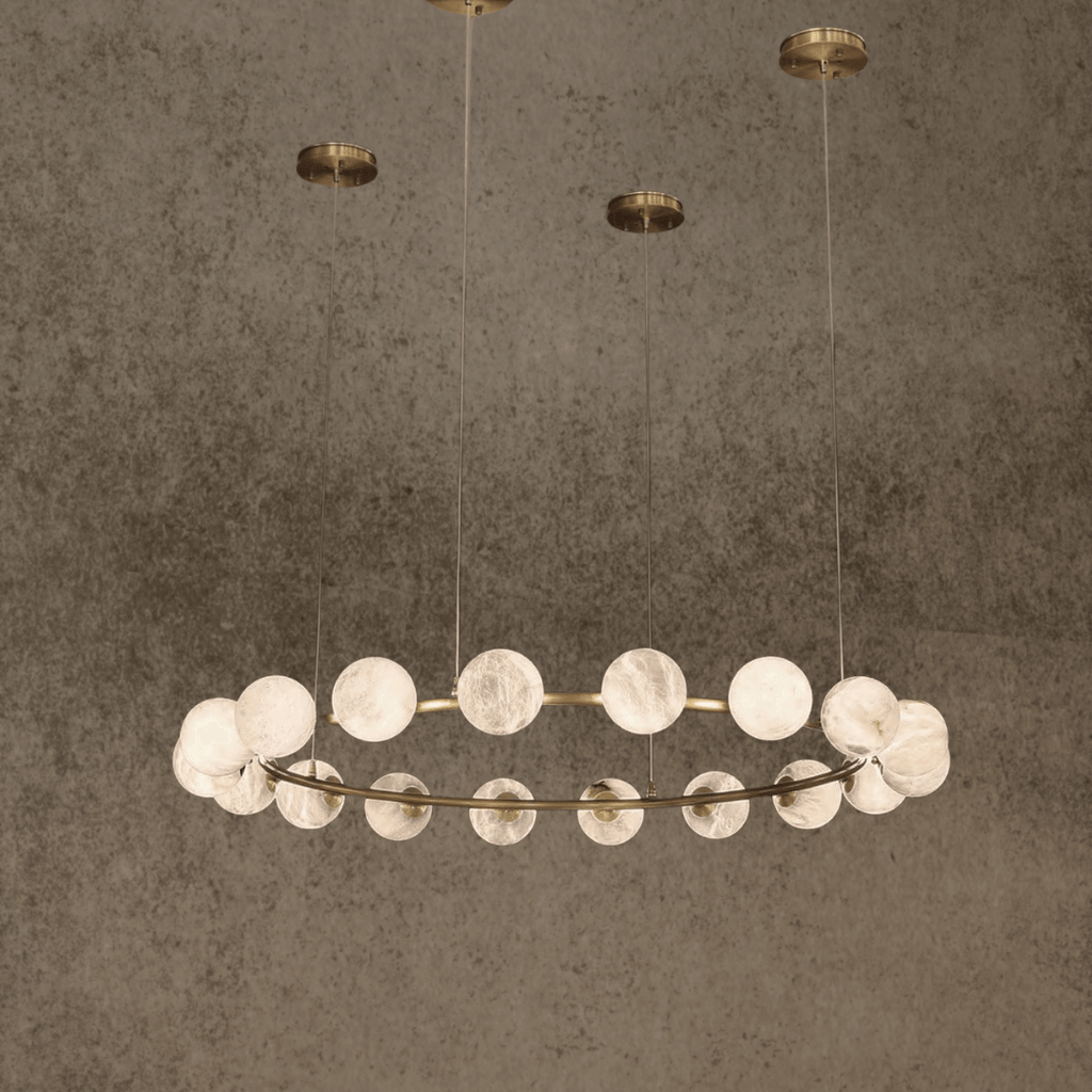 Circular alabaster globe chandelier with soft diffused lighting