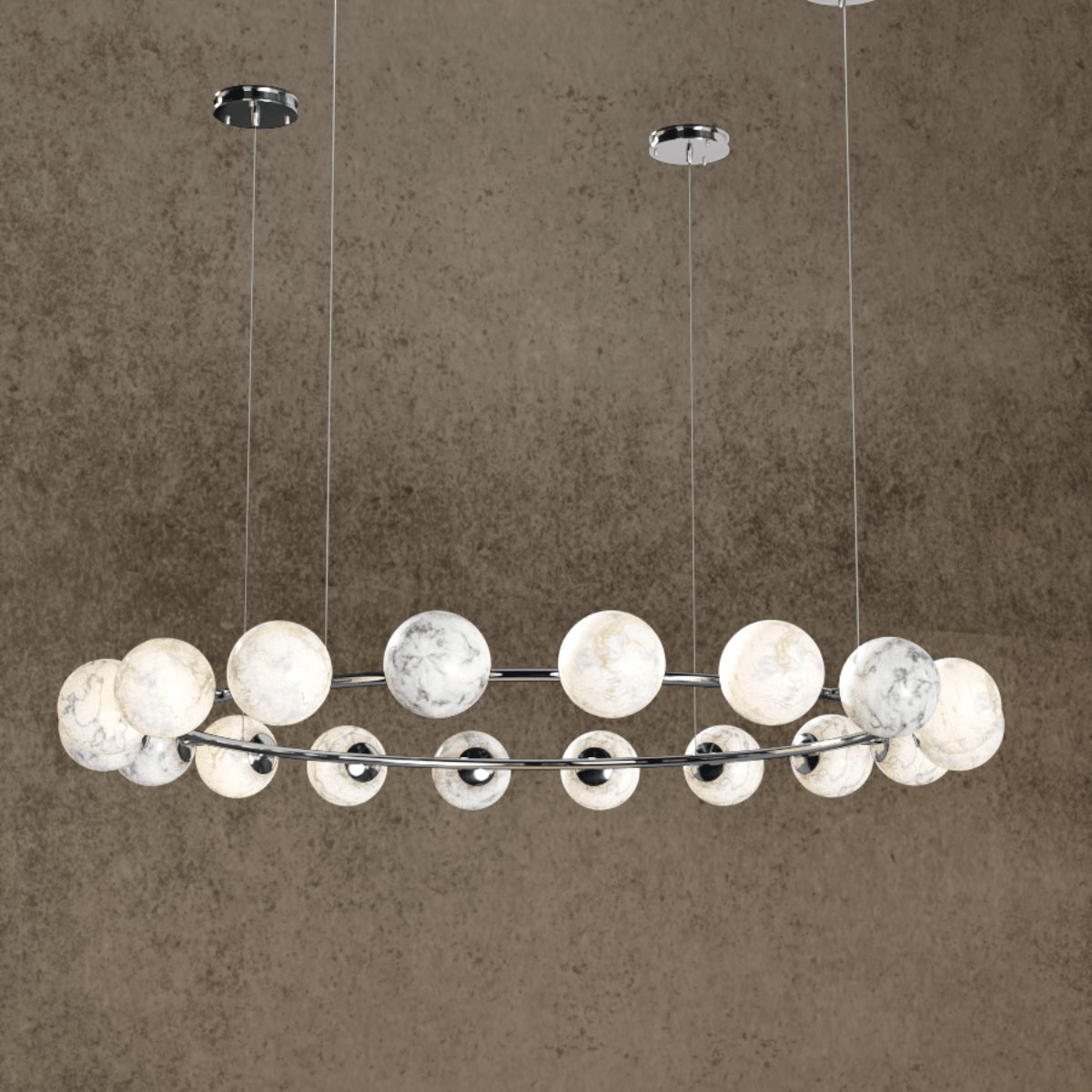 Brushed chrome Alabaster Galaxia chandelier featuring 18 glowing alabaster globes arranged on a circular frame.
