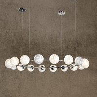 Brushed chrome Alabaster Galaxia chandelier featuring 18 glowing alabaster globes arranged on a circular frame.
