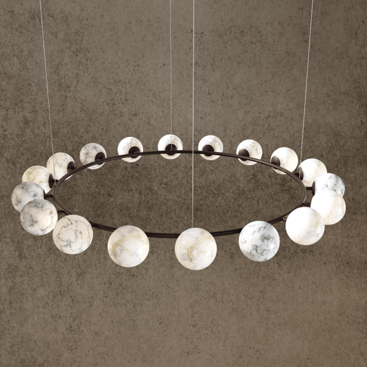 Matte brown Alabaster Galaxia chandelier with 18 alabaster spheres suspended in a circular ring.