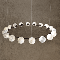 Matte brown Alabaster Galaxia chandelier with 18 alabaster spheres suspended in a circular ring.