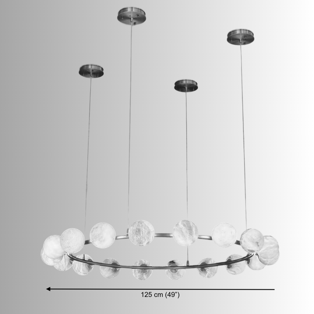 Size diagram of Alabaster Galaxia chandelier showing 125 cm (49") ring and multi-point suspension.