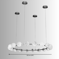 Size diagram of Alabaster Galaxia chandelier showing 125 cm (49") ring and multi-point suspension.