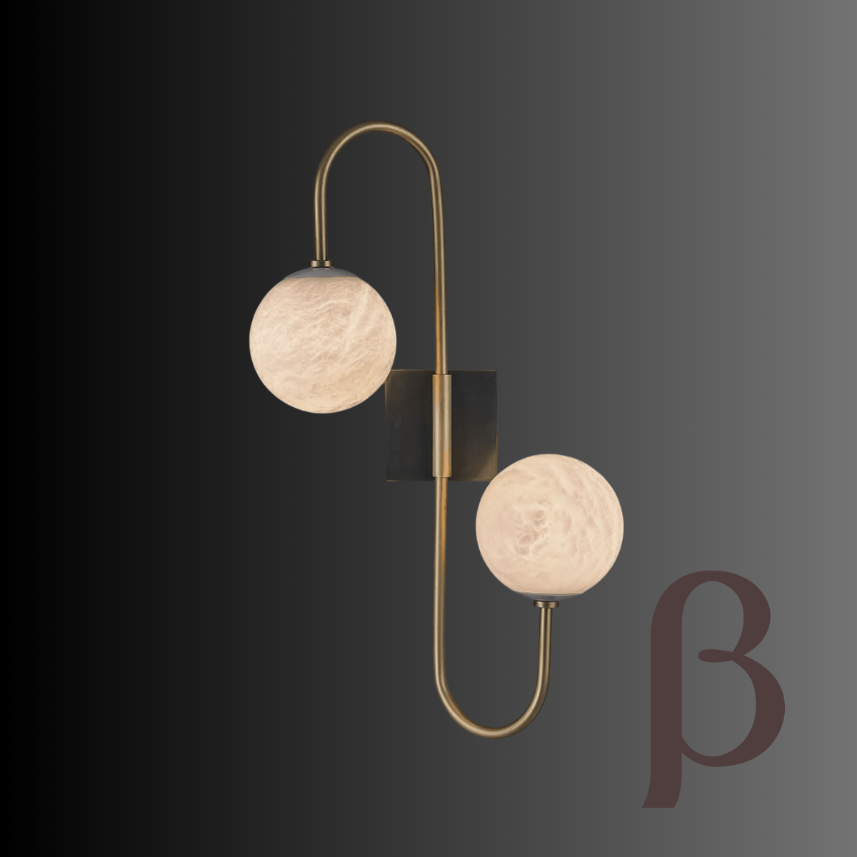 Alabaster Sfera Beta wall lamp with curved brass frame and soft glowing alabaster globes
