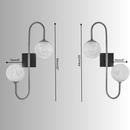 Alabaster wall lamp with measurements showing 64cm(25") height and 16cm (6") alabaster globes