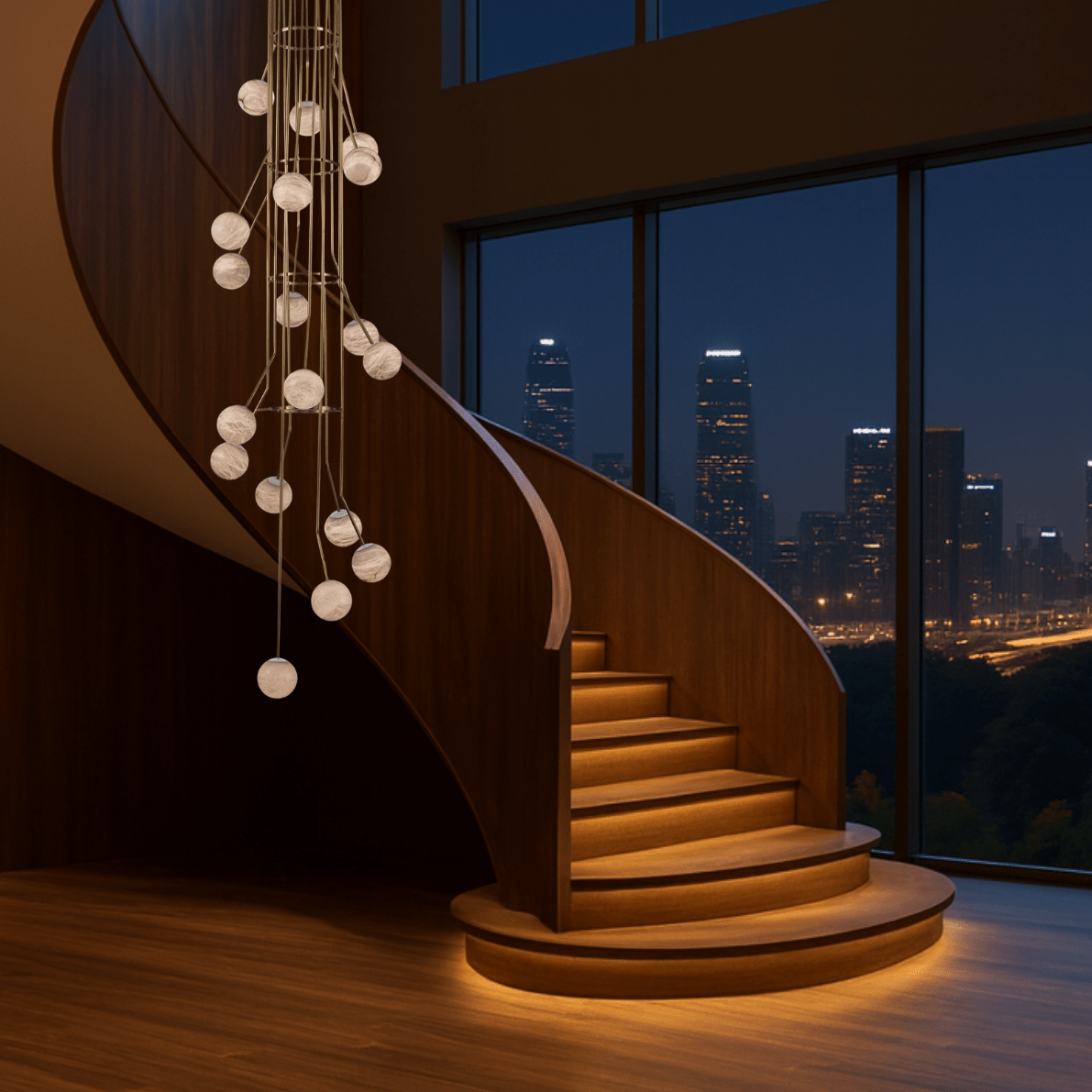 Warm alabaster chandelier beside wood staircase with city skyline backdrop