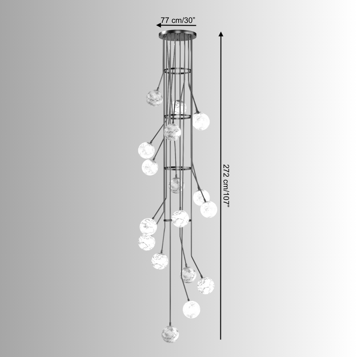 Dimensioned image showing 272cm (107") alabaster chandelier with 77 cm (30-inch) diameter