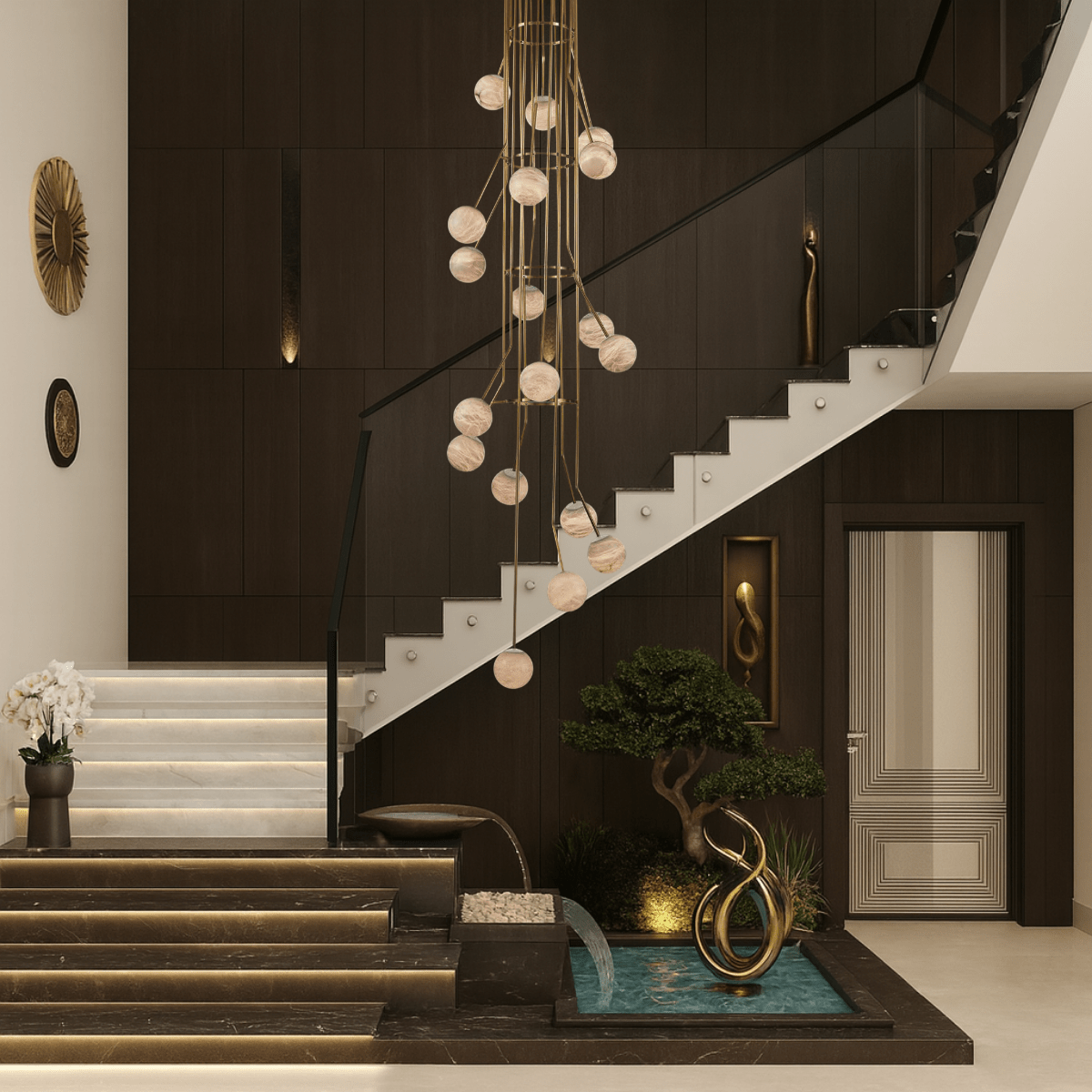 Large alabaster chandelier above staircase and indoor water feature in luxury villa