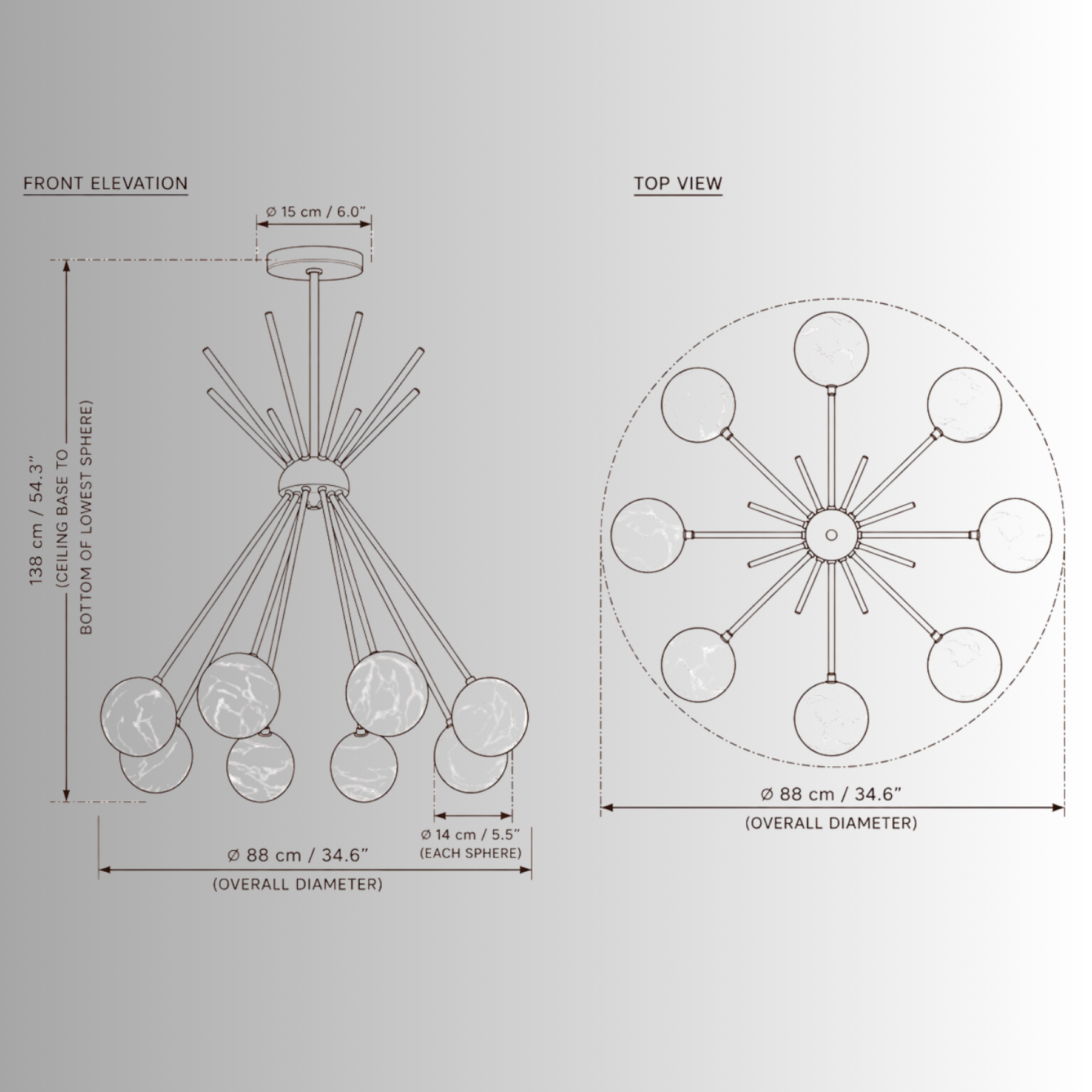 Alabaster Valeria chandelier CAD drawing with front elevation, top view, dimensions and 8 alabaster spheres