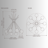 Alabaster Valeria chandelier CAD drawing with front elevation, top view, dimensions and 8 alabaster spheres