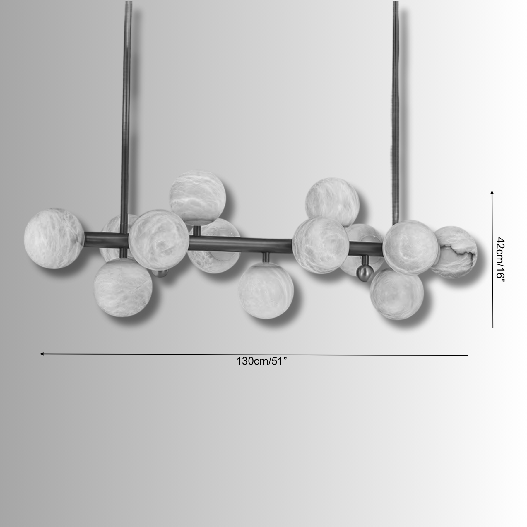 Dimension view of the Alabaster Volta chandelier showing 130cm (51") length and 42cm (16") height.