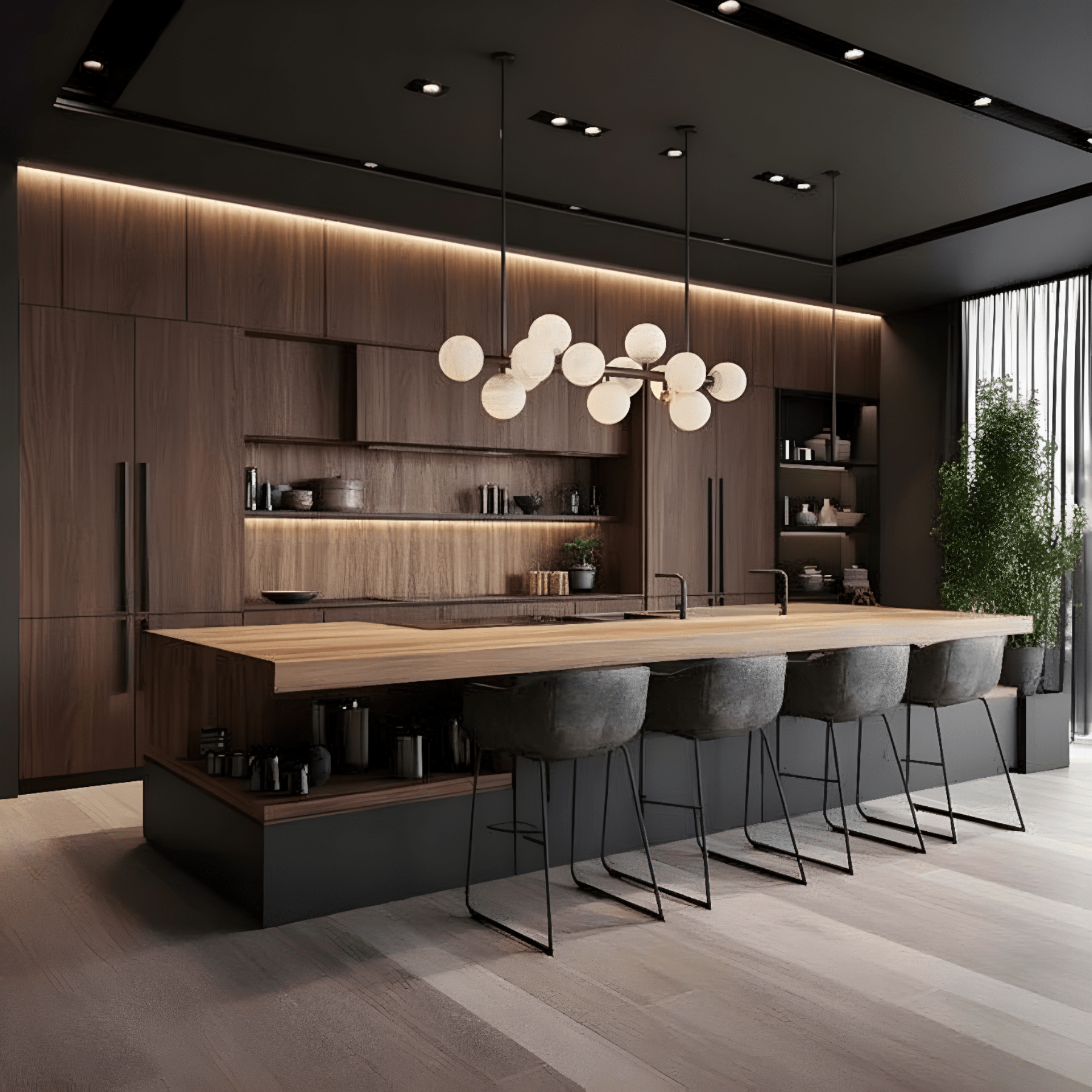 Alabaster Volta chandelier installed above a modern kitchen island with warm alabaster glow.