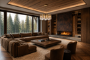 Aurora Sublime luxury chandelier in forest-view living room with fireplace, artisan glass and brass design