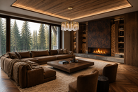 Aurora Sublime luxury chandelier in forest-view living room with fireplace, artisan glass and brass design