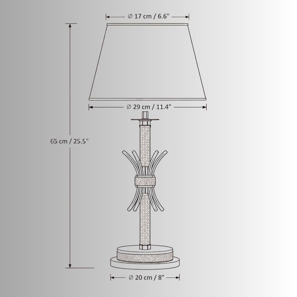 CAD drawing of Maria Eleganza Table Lamp, front view with detailed measurements in metric and imperial.