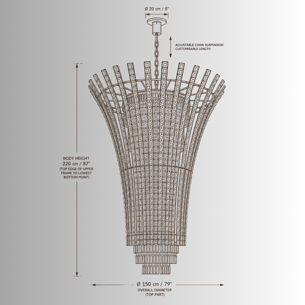 Plaza Crown Crystal Chandelier CAD drawing with dimensions, front elevation and adjustable chain suspension