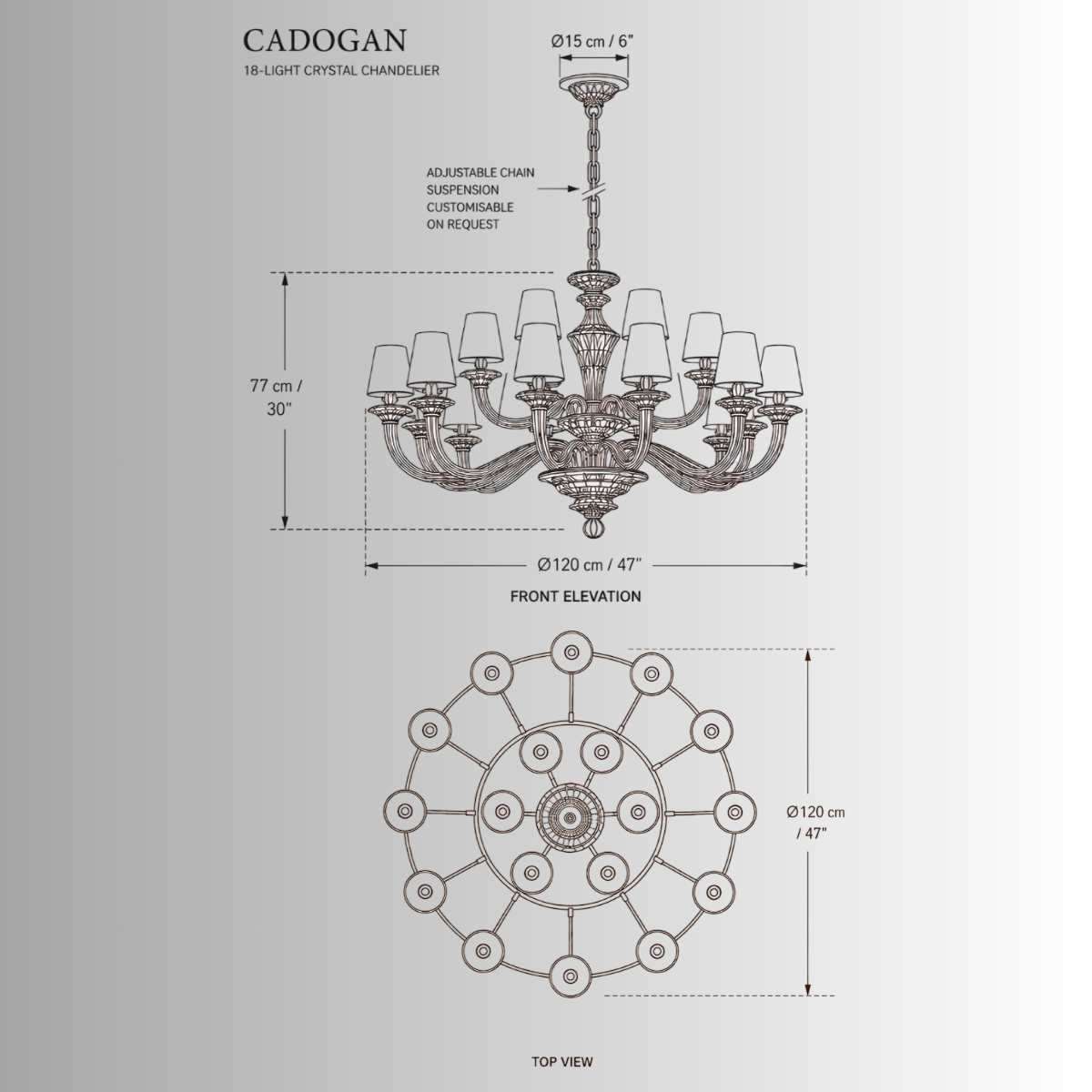 CAD drawing of the Cadogan 18 light crystal chandelier, Front and top orthographic elevation view and measurements.