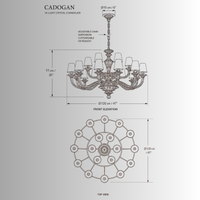 CAD drawing of the Cadogan 18 light crystal chandelier, Front and top orthographic elevation view and measurements.